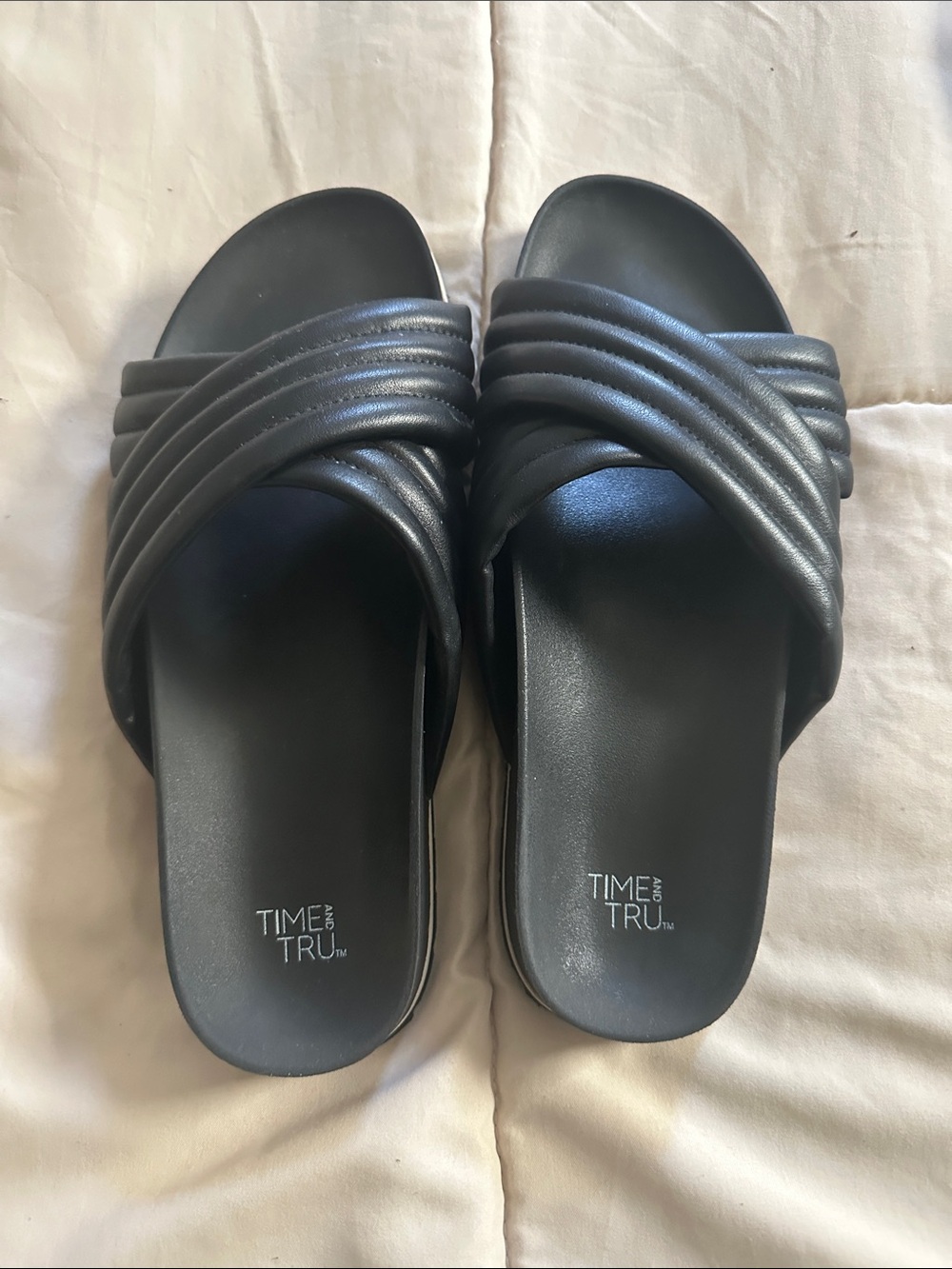 Time and Tru Black Padded Crisscross Slide Sandals